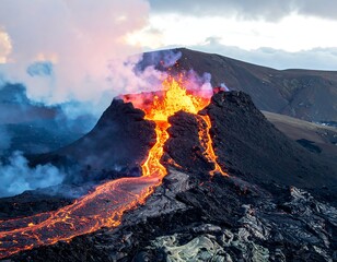 Spectacular view of an erupting volcano with lava flowing down the sides