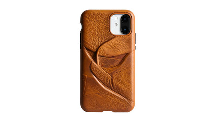 Cellphone in embossed tan leather case on solid black background
