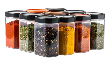 Assortment of colorful spices displayed in clear, square containers