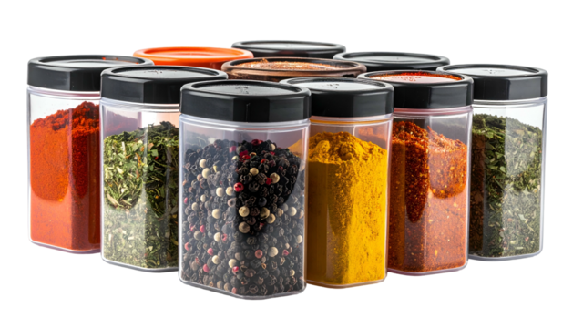 Assortment of colorful spices displayed in clear, square containers