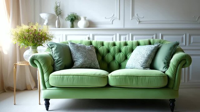 Luxury green modern sofa, tufted velvet texture, elegant French-style design, against a white wall with decorative molding, minimalist studio interior, soft lighting, feminine aest