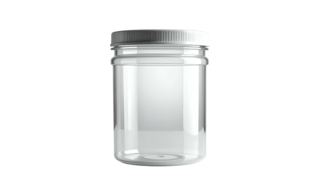 Clear, cylindrical plastic jar with white lid