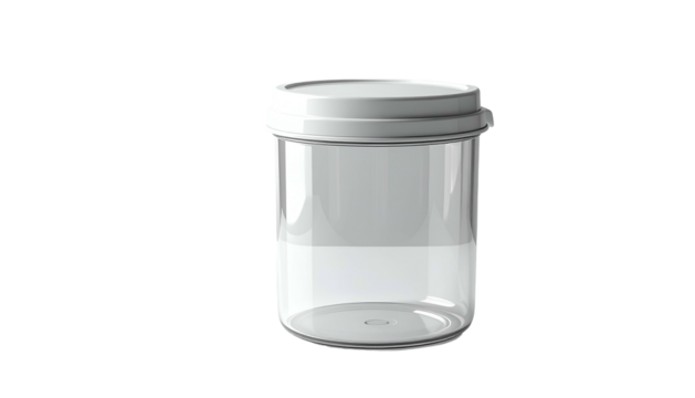 Clear plastic jar with white lid on a black background