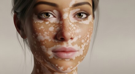 Close-up of a woman's face with vitiligo, featuring hazel eyes and soft lighting
