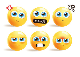 Fototapeta premium Emoji angry yellow icon clipart set. Angry mad emoji characters clip art in yellow round icon collection for social media graphic element emoticons vector illustration. 