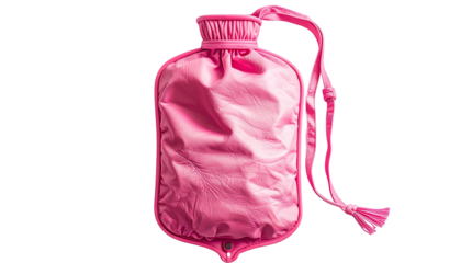A vibrant, pink hot water bottle with a drawstring closure and loop handle, isolated on black
