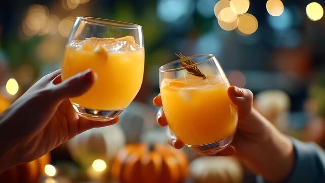 Close-up of friends clinking glasses with Halloween-themed cocktails, festive pumpkin decorations in background, under soft warm light, highlighting joyful interaction and festive