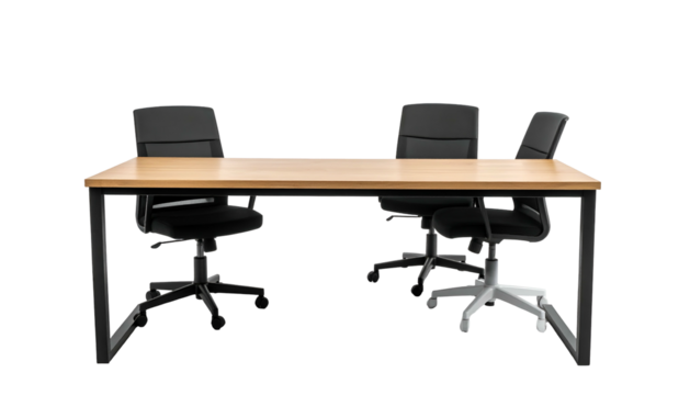 A rectangular wooden desk with black metal frame, four office chairs arranged around it