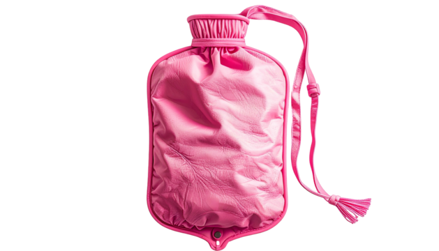 A vibrant, pink hot water bottle with a drawstring closure and loop handle, isolated on black