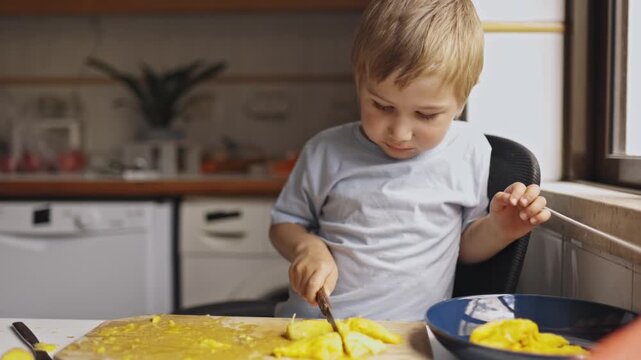Young boy carefully cutting mango fruit in the kitchen