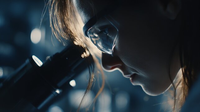 A focused individual intently examines a sample through a microscope, illuminated by a cool, clinical light, conveying dedication to scientific inquiry and discovery.