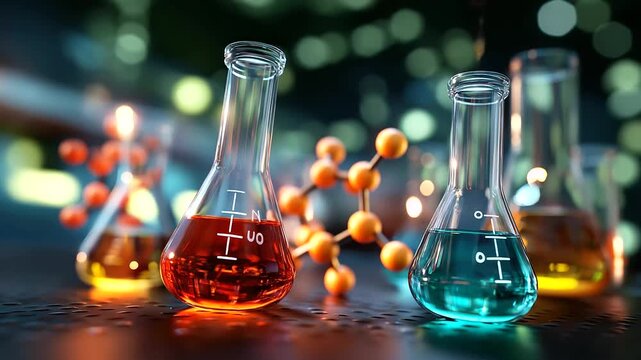 Close up, set of colorful science icons showing lab equipment and molecules, under vibrant studio light, highlighting educational tools and scientific design, serene conceptual sce