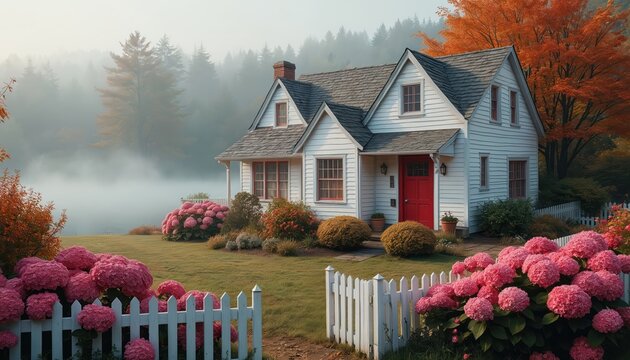 White cozy cottage with red door, hydrangeas and picket fence on misty autumn morning. Tranquil scene of landscape in rural area. Charming house for family with garden in fog.