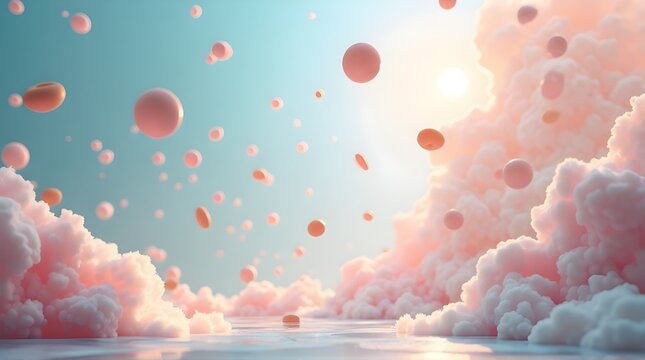 Dreamy pastel landscape with floating spheres and soft clouds, evoking serenity and wonder, perfect for creative projects, tranquil designs, or imaginative backgrounds
