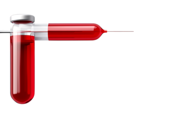 Dramatic red liquid transfer between vial and syringe, a powerful visual for medical research, science, and healthcare innovation, clean and modern design