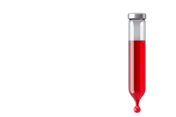 Vibrant red liquid drips dramatically from a modern glass pipette, perfect for scientific research, medical concepts, or dramatic design elements