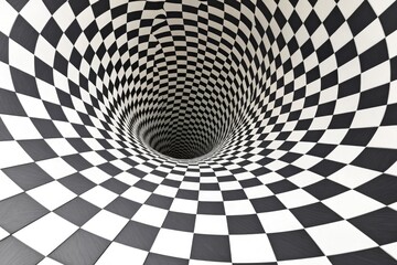 Optical Illusion of a Black and White Checkered Vortex Creating Depth