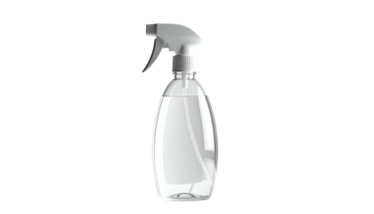 Clear spray bottle filled with clear liquid, isolated
