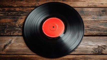 A black record with a red label sits on a wooden table. The record is old and worn, with a vintage feel to it. The red label adds a pop of color to the otherwise monochromatic scene