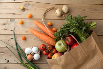 Fresh Vegetables and Eggs in a Brown Paper Bag on a Wooden Table