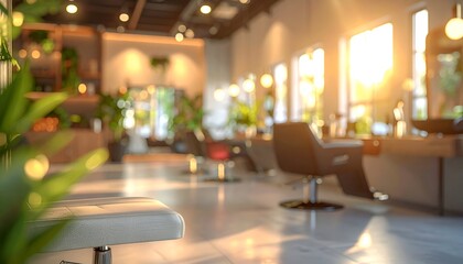 Modern salon interior with vibrant lighting, plants, and styling stations during sunset, creating a warm atmosphere