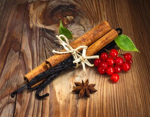 Still life of warm spices, berries, and beans on rustic wood