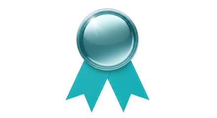 Blank metallic silver and teal ribbon badge seal for top quality award or certificate guarantee isolated PNG with Transparent Background