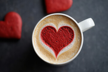 Cozy coffee cup with heart art and red hearts decoration