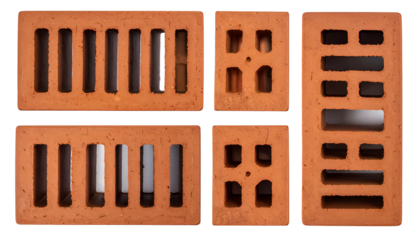 Close-up of several red-orange bricks displaying varying ventilation and hole patterns