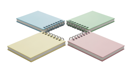Set of four small spiral notepads in different pastel colors for organization and study. isolated PNG with Transparent Background