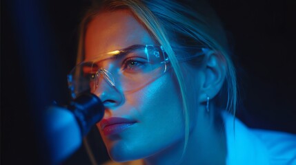 A focused individual, illuminated by cool-toned lighting, intently examines a sample through laboratory eyewear, conveying a sense of scientific inquiry and precision.