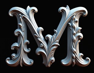 Ornate letter M is isolated on black. Calligraphic initial with decorative elements, swirls. Alphabet font symbol for monogram, logo design. Great for wedding invitation cards or luxury branding.