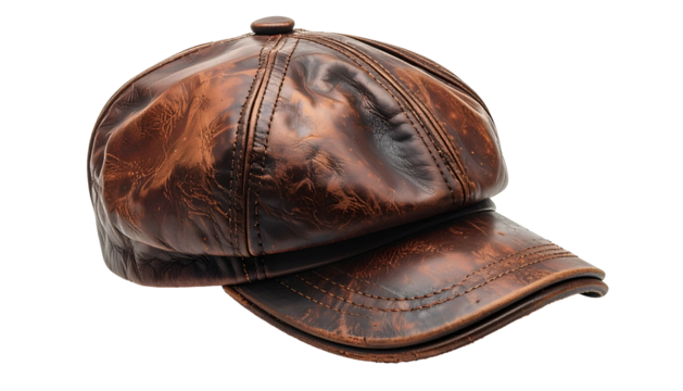 Close-up of a brown, textured leather cap with a rounded crown and a short, curved brim