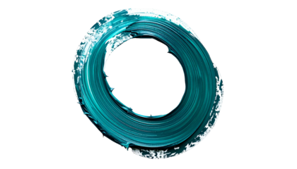Teal paint stroke forms a ring against a black background; textured, abstract, bold design