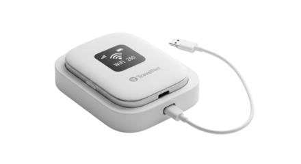 Portable wireless internet MiFi hotspot device charging via USB cable for connectivity concepts isolated PNG with Transparent Background