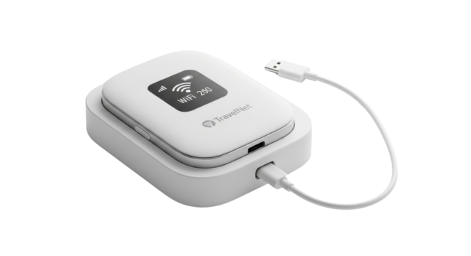 Portable wireless internet MiFi hotspot device charging via USB cable for connectivity concepts isolated PNG with Transparent Background