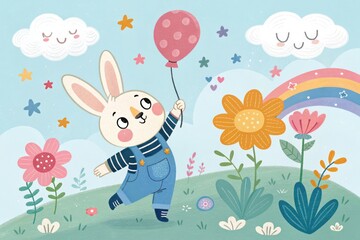 Cute Rabbit in Overalls Joyfully Holds a Balloon on a Sunny Day