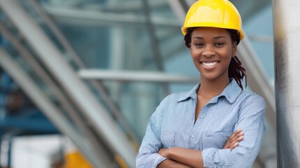 A woman wearing a yellow hard hat and a blue shirt with white stripes is smiling and posing for a picture
