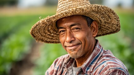 A man wearing a straw hat and a plaid shirt is smiling. He is standing in a field of green plants