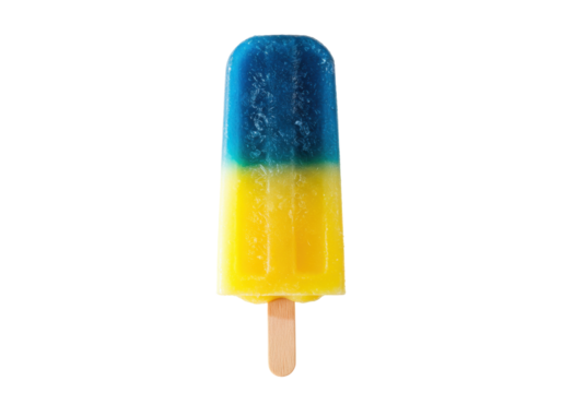 Isolated blue and yellow flavored ice pop is on a stick perfect for refreshing in summer