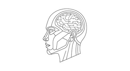 Abstract line art illustration of a human head profile revealing intricate circuitry and futuristic technology within the brain