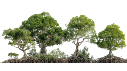 Set of Lush Green Mangrove Trees with Detailed Roots on Transparent Background