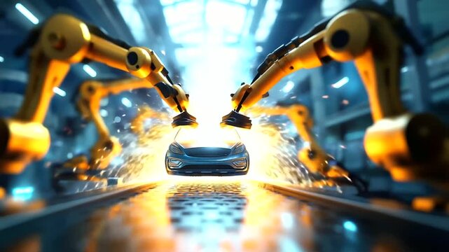 A flyover shot following a car frame traveling along a conveyor surrounded by robots, under soft industrial light, highlighting automated precision and futuristic design, serene fa