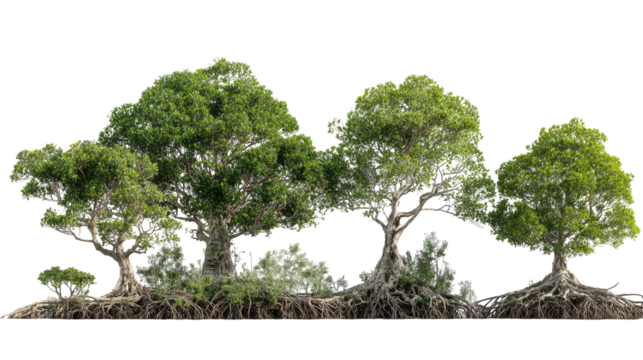 Set of Lush Green Mangrove Trees with Detailed Roots on Transparent Background