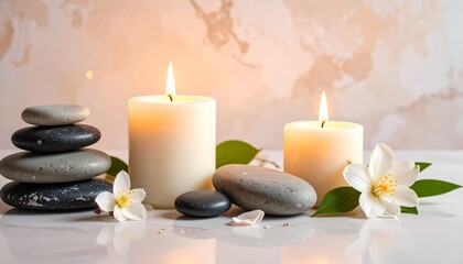 Serene spa setting featuring lit candles, smooth stones, and a delicate flower, promoting relaxation and tranquility