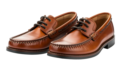 Pair of brown leather boat shoes, detailed stitching, laces, and rubber sole, on a black background