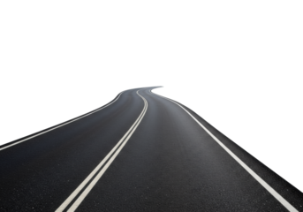 Isolated curving road, black asphalt highway with dividing white lines, transportation view