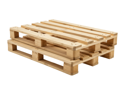 Isolated wooden pallets stacked in warehouse for industrial storage and freight logistics