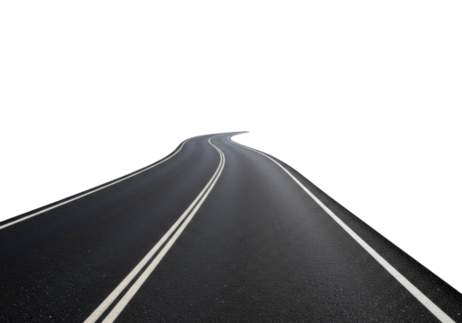 Isolated curving road, black asphalt highway with dividing white lines, transportation view