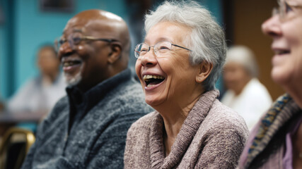 An elderly African man with a beard smiles next to an elderly Asian woman with gray hair. They are in a festive setting at a nursing home.